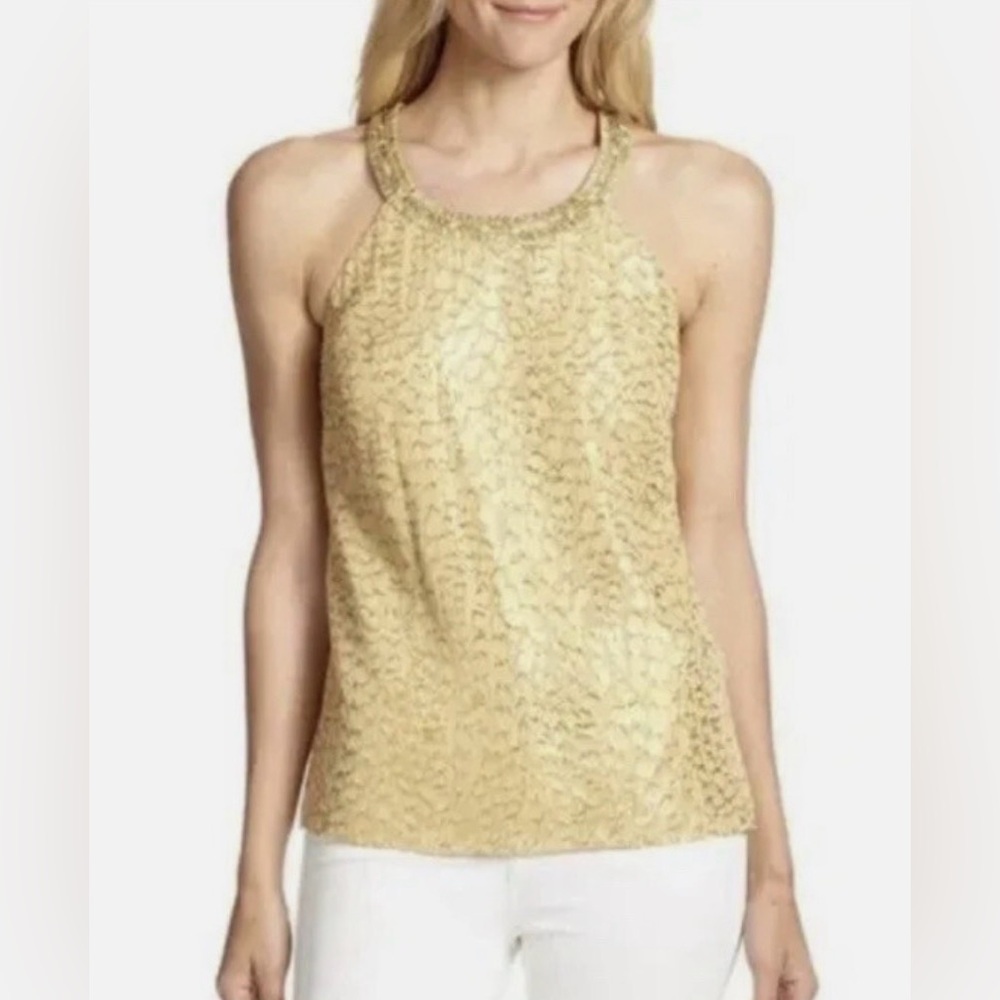 Lilly Pulitzer Corscia Metallic Gold Jacquard Packin Heat Beaded Halter Top XXS
